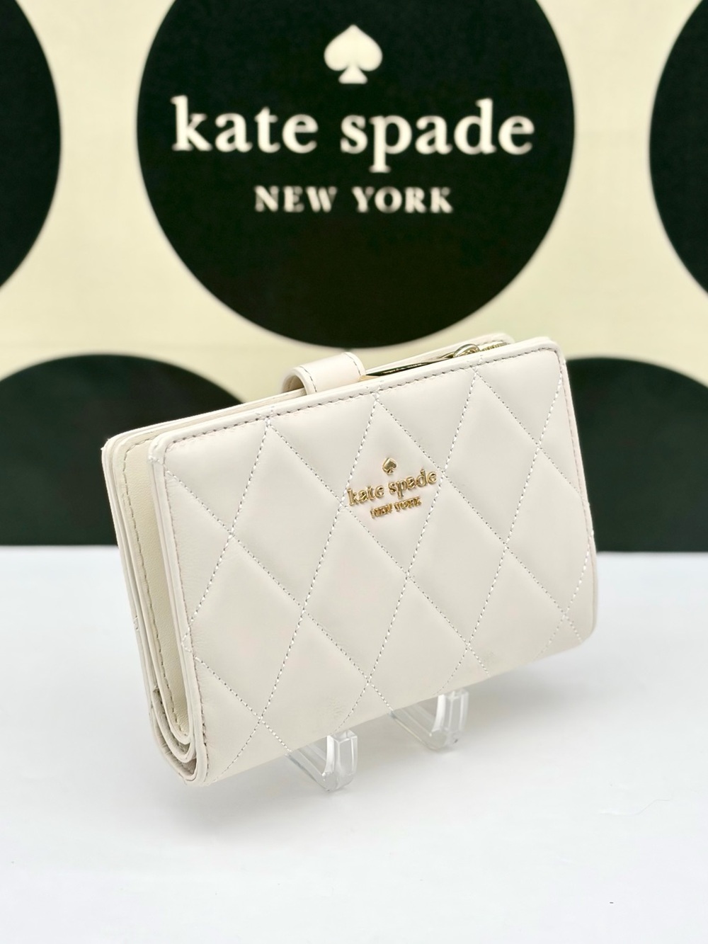 kate spade Cream Quilted Leather Compact Wallet with Gold Logo